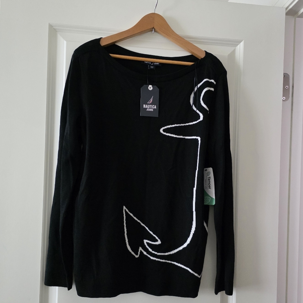 Nautica Coastal Anchor Boat Neck Sweater Womens L Black White Preppy Chic NWT